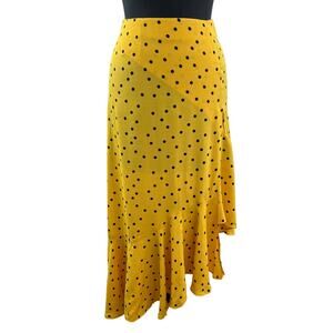 Topshop Yellow Black Polka Dot Ruffled Asymmetric Midi Skirt Retro Bold 0 XS